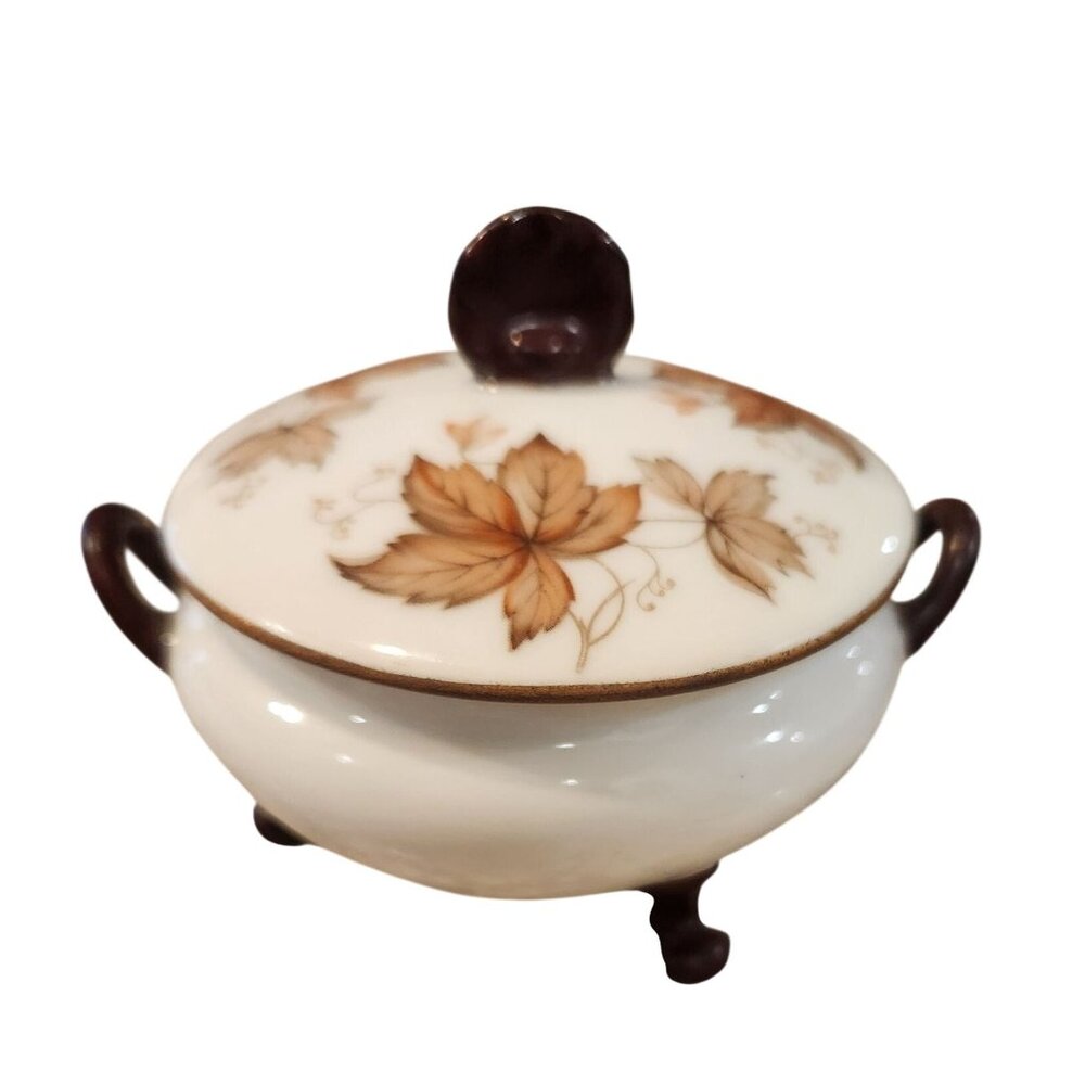 Vintage Giraud Limoges France Lidded Trinket Bowl With Autumn Leaf Design & Orna